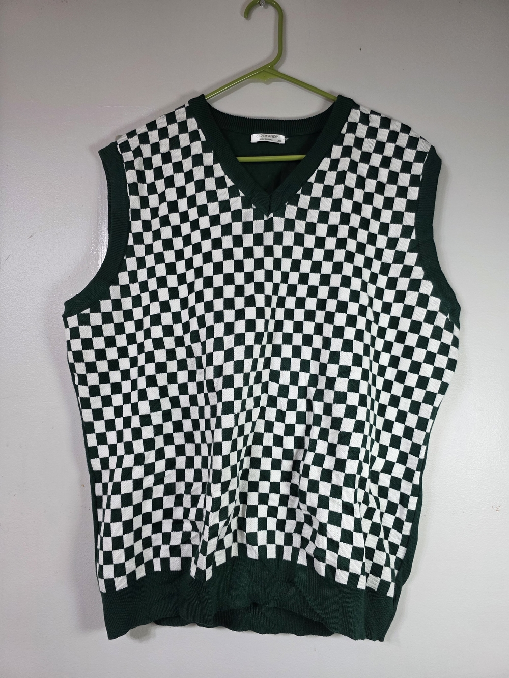 Checkerboard Knit Vest - Dark Green & White